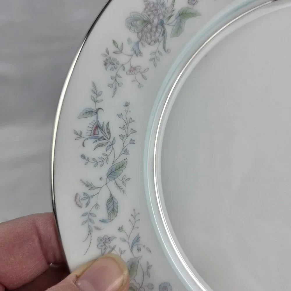 FOUR Oxford China Spring Salad Plate Multicolor Floral Rim Aqua Band